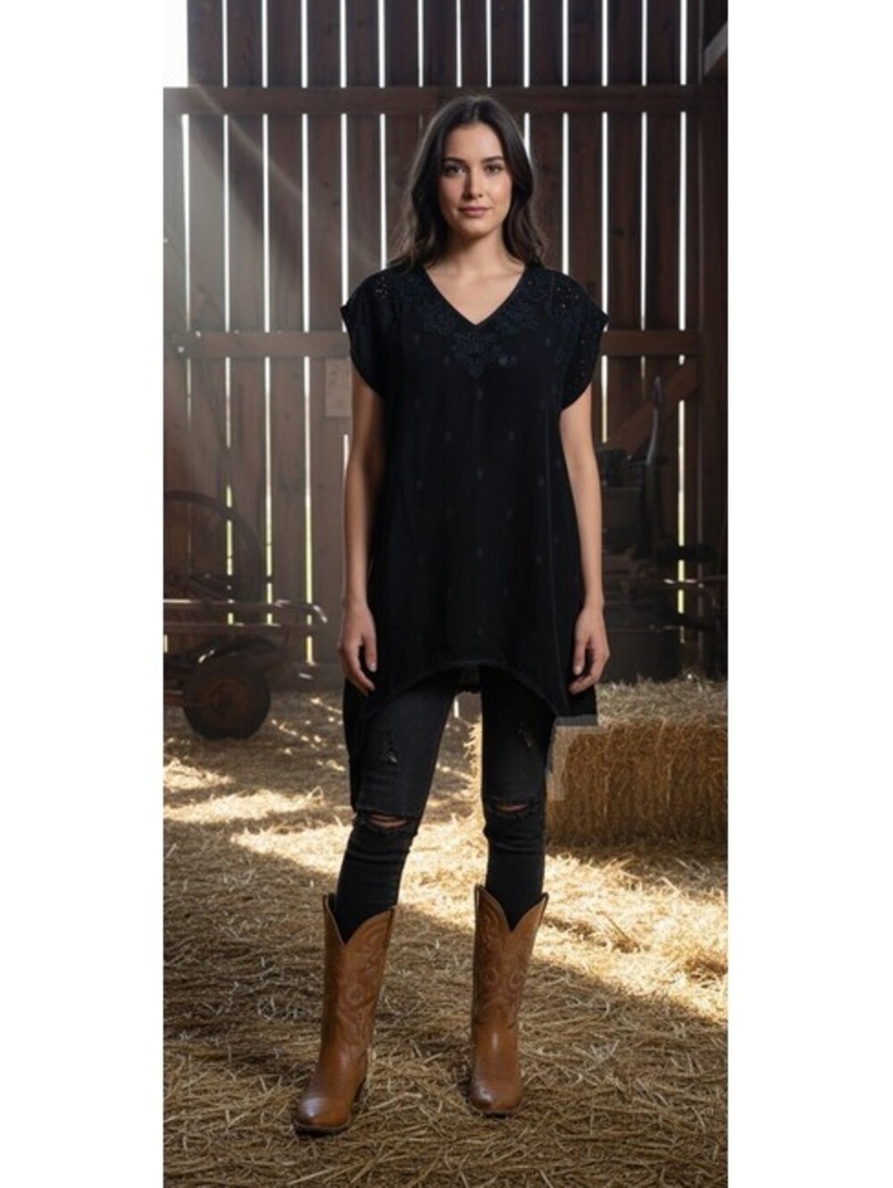 1782 - Johnny Was Black Eyelet Lace Asymmetric Hem Dress XS